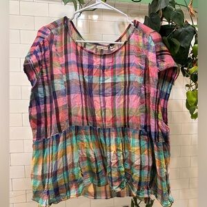 Anthropologie Holding Horses Mina Plaid Top Multicolor Madras Peplum Blouse